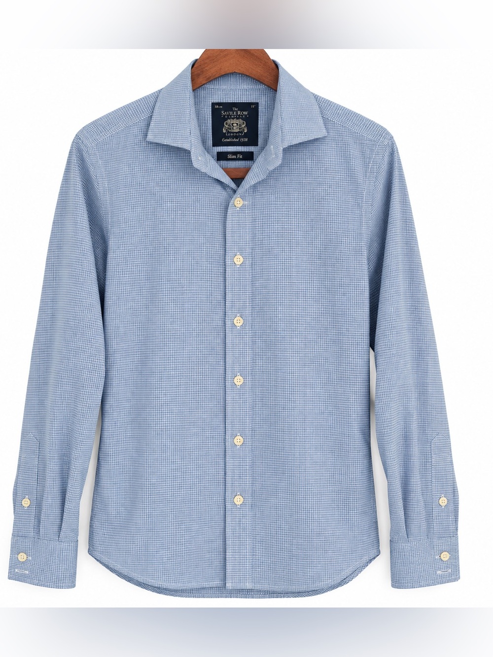 Savile Row Company Men’s 15 Slim Fit Blue Micro Check Cotton Dress Shirt